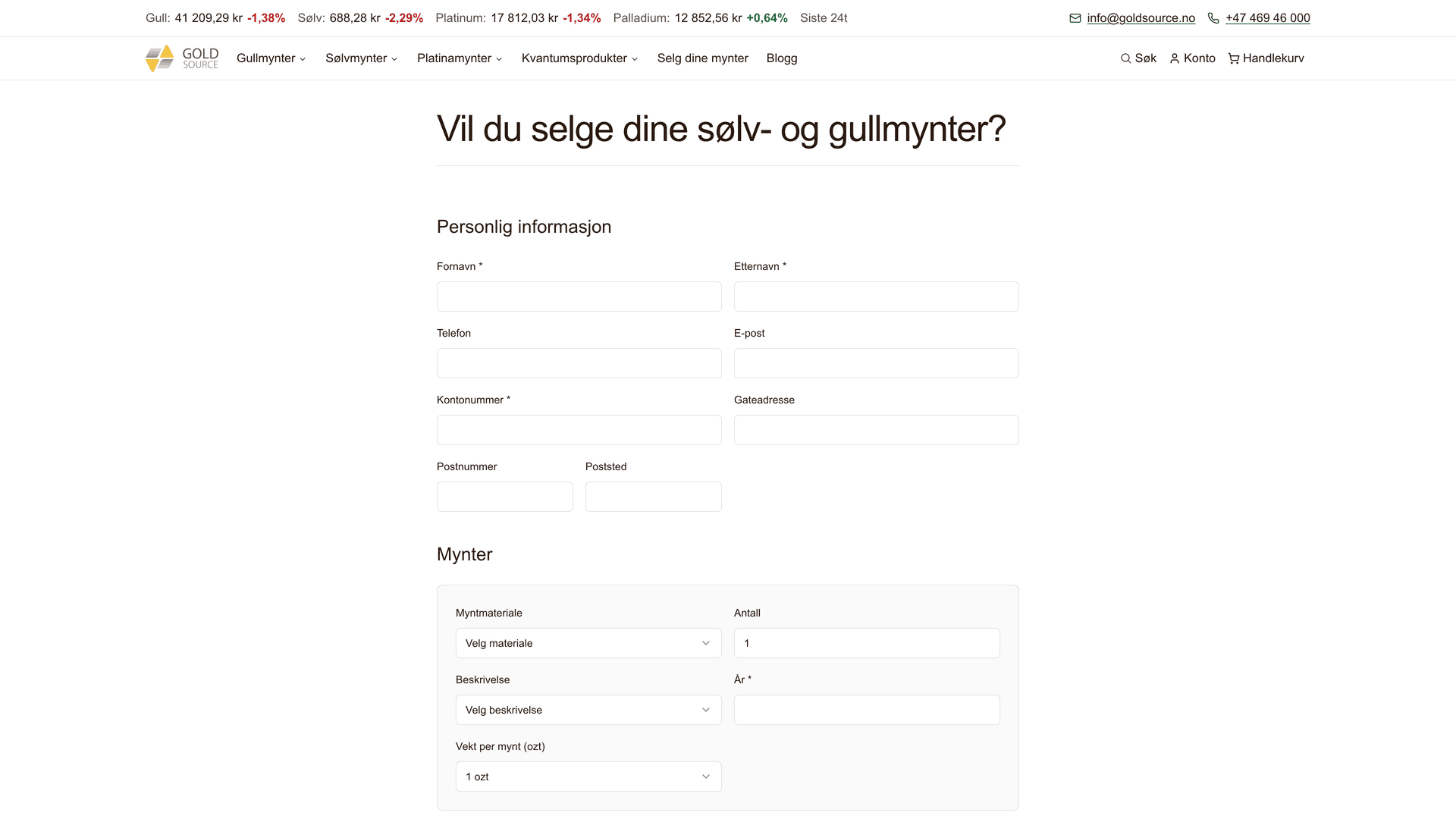 Goldsource sell-your-coin customer intake form