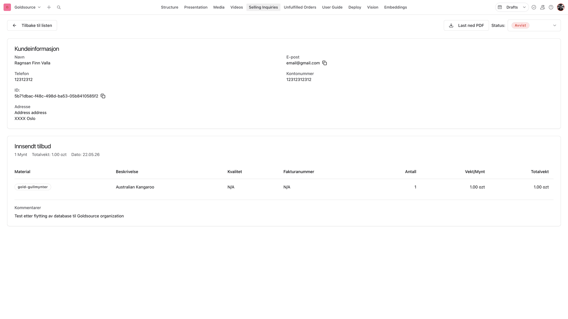 Goldsource selling inquiries list in Sanity Studio