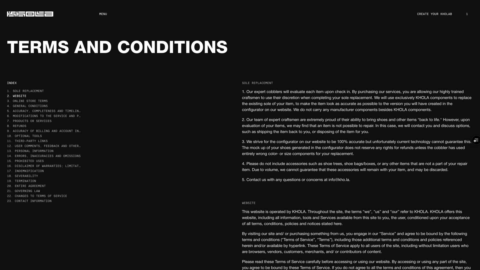 KHOLA terms and conditions page