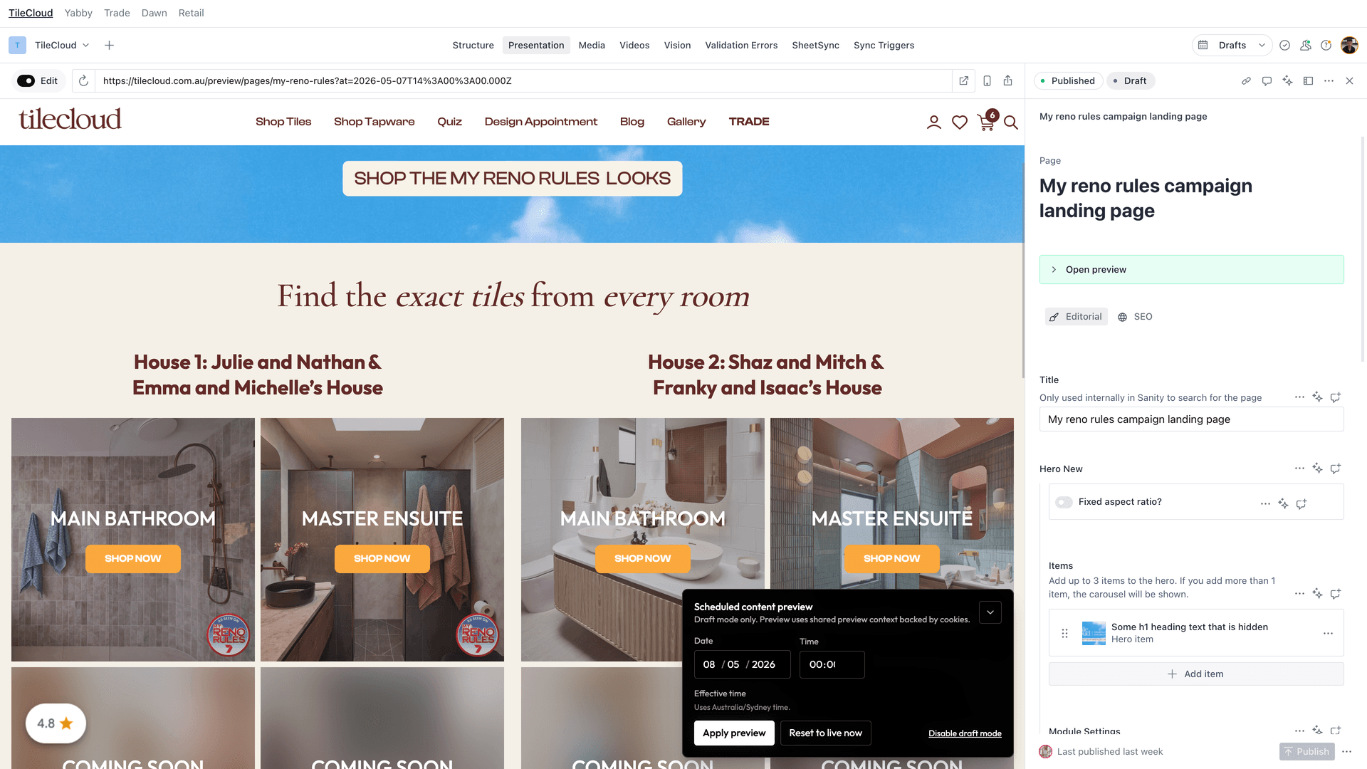 TileCloud campaign preview with scheduled content overrides