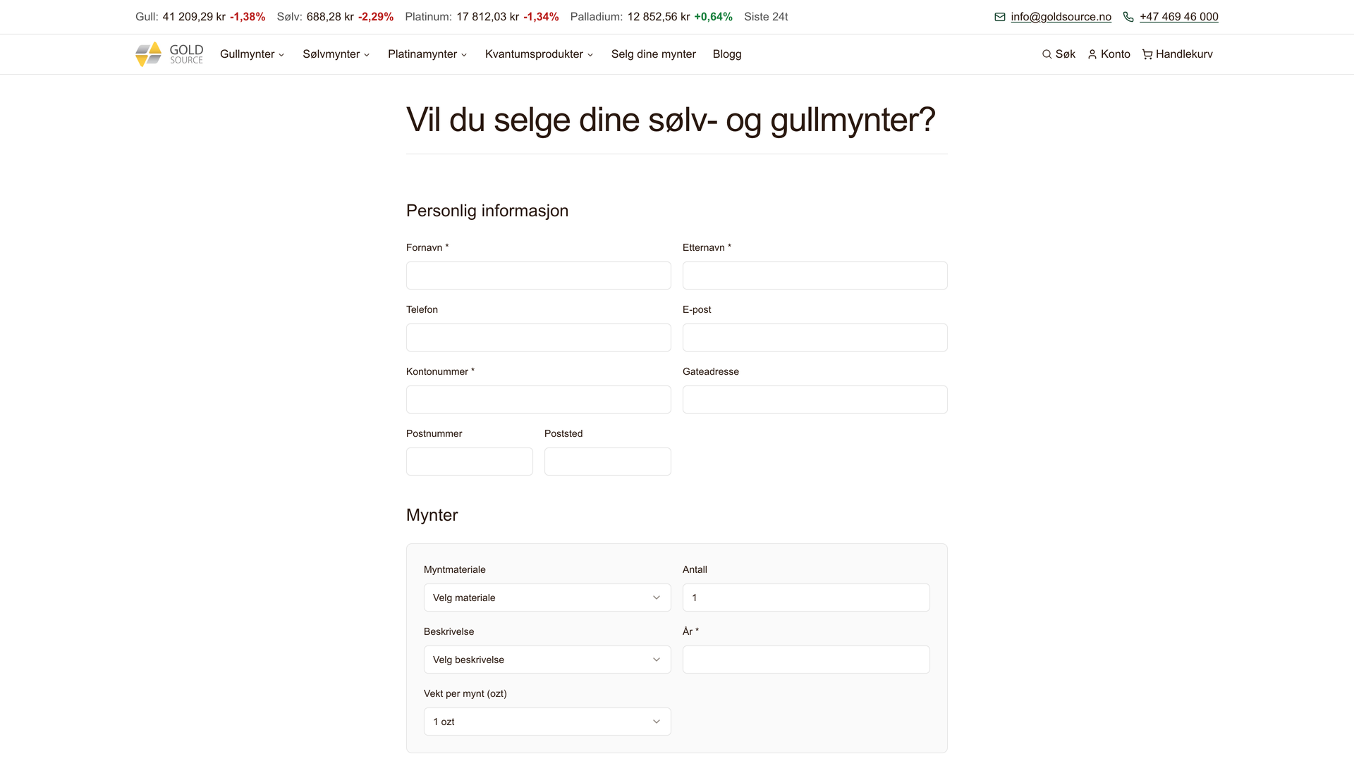 Goldsource sell-your-coin customer intake form