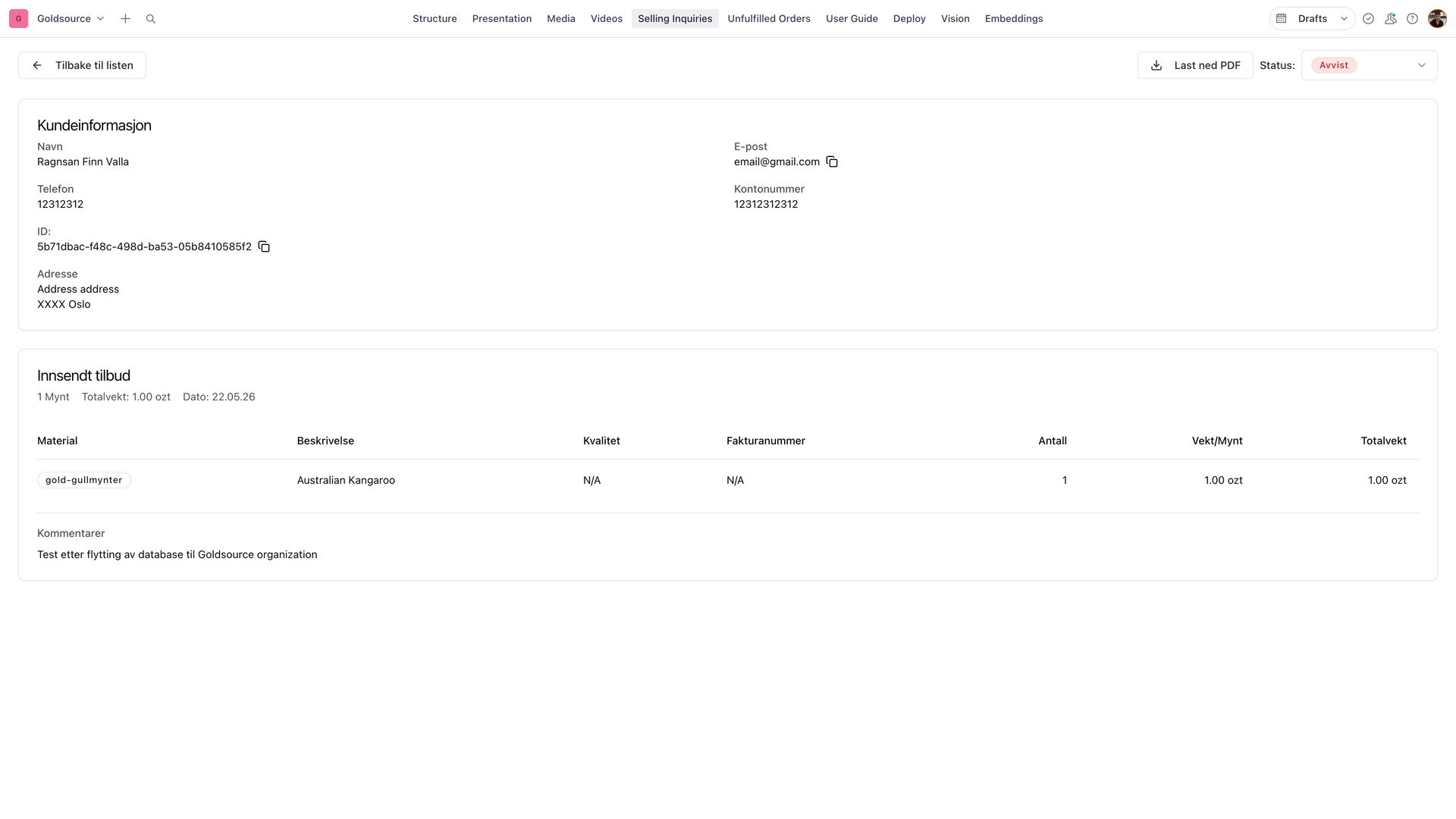 Goldsource selling inquiries list in Sanity Studio