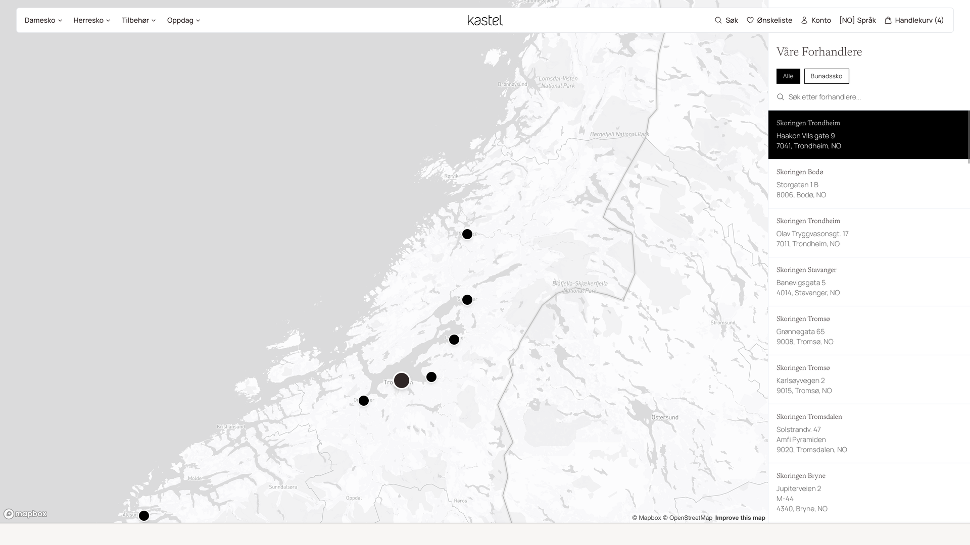 Kastel store locator map showing retail partners across Norway