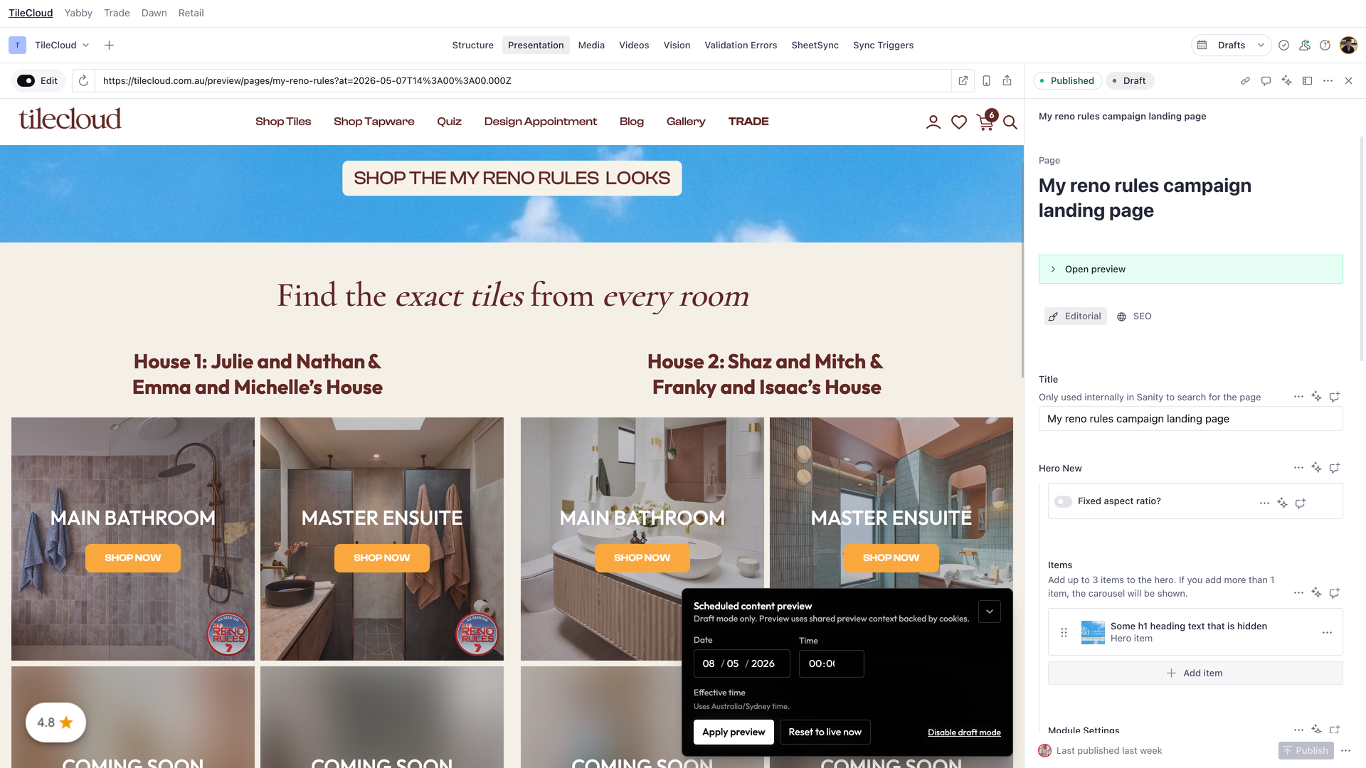 TileCloud campaign preview with scheduled content overrides